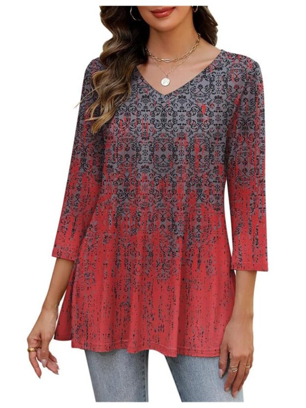 Women's Tunic Tops, 3/4 Sleeve V Neck Loose Fit